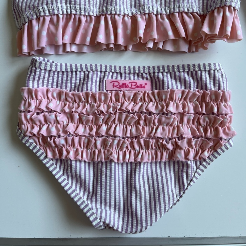 Ruffle Butts Pink and White Rashguard Swim Set - Picture 6 of 9
